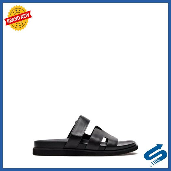 Men\'s Leather Sandals with Adjustable Velcro Strap, Slide Design